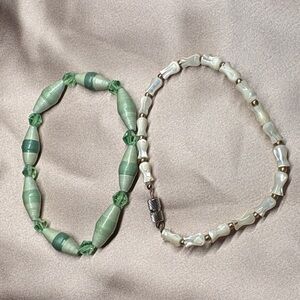Green and White Beaded Bracelet Set
